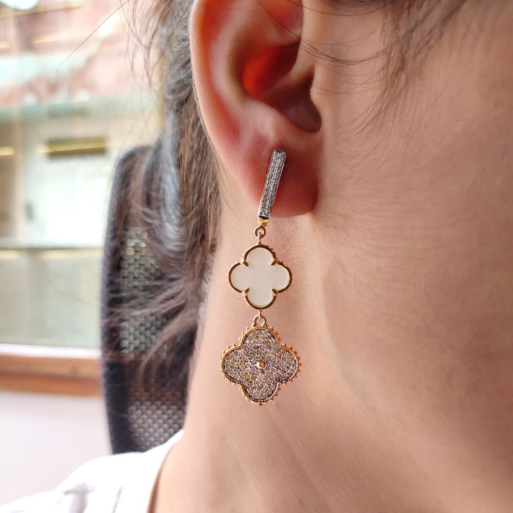 Real 925 Silver Diamond Earrings Pearl Gemstone Clover Dangle Earrings Mekar