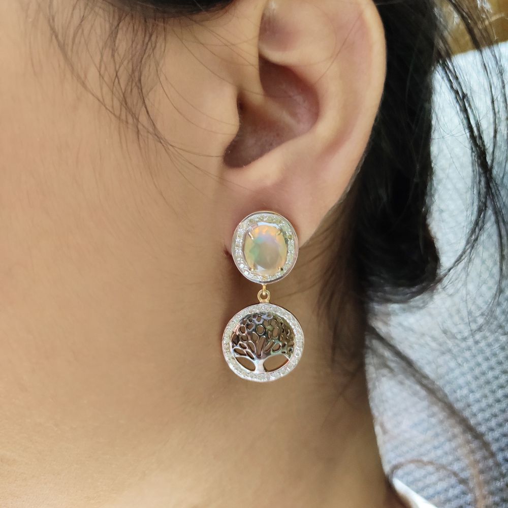925 Silver Diamond Earrings Opal Gemstone Drop Dangle Earrings Tree Maker