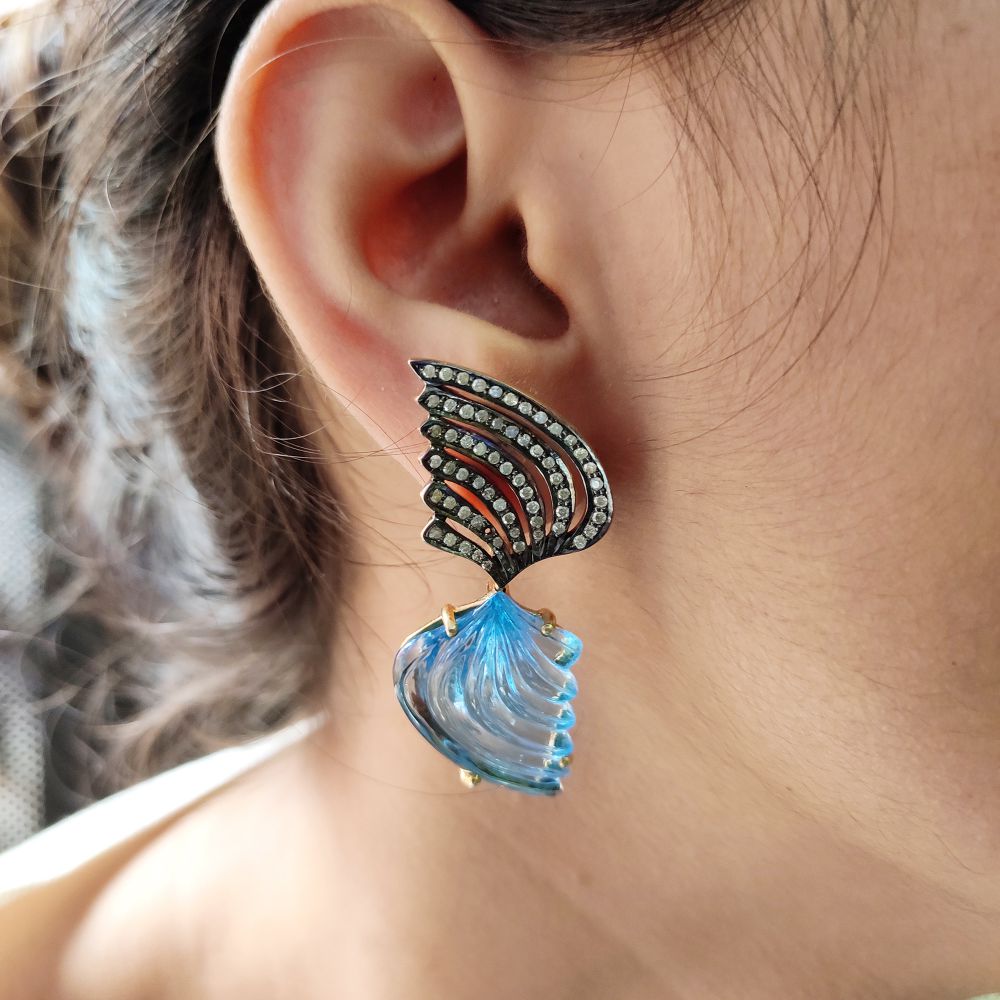 Real 925 Silver Diamond Dangle Earrings Blue Topaz Carving Unique Design Maker