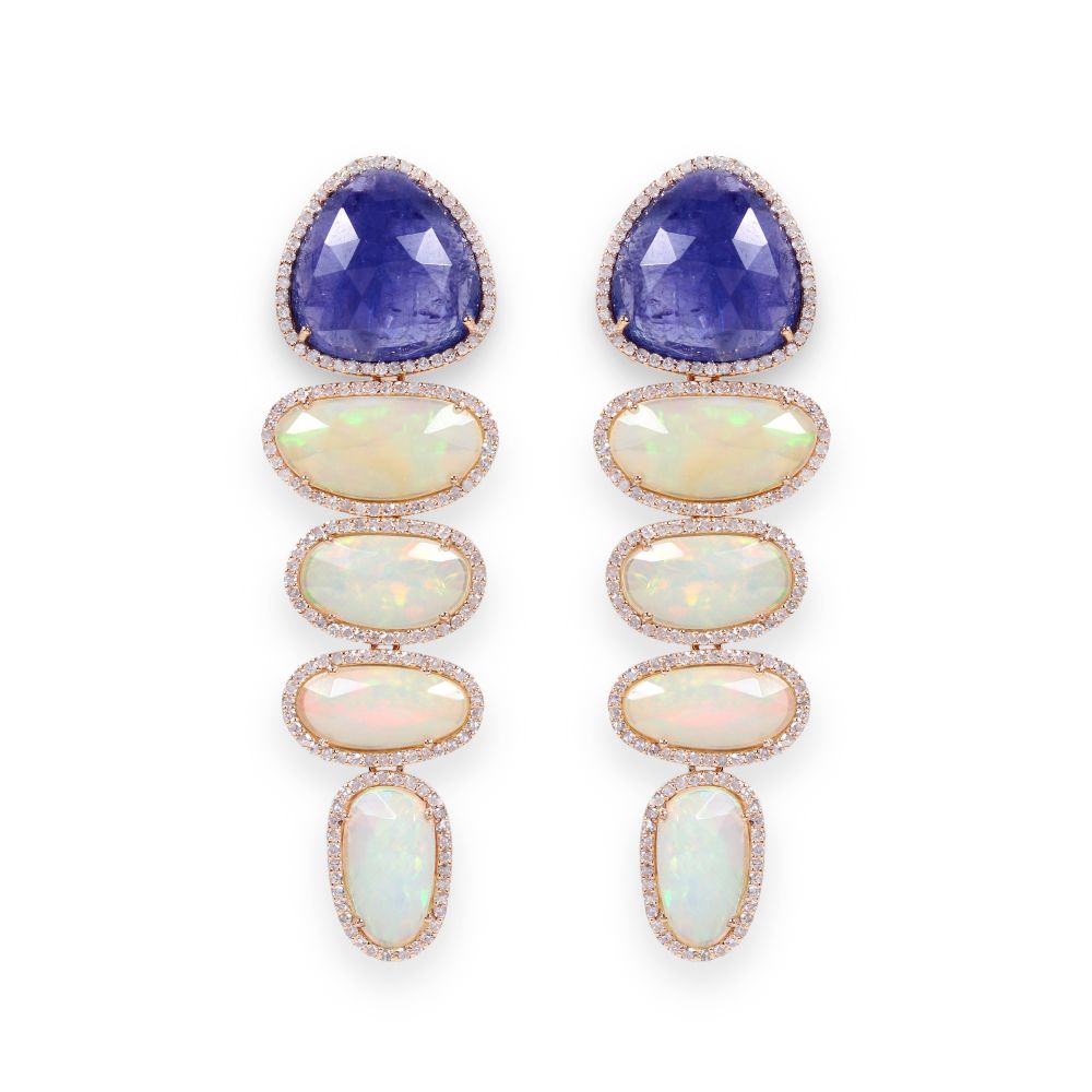 14k Solid Gold Opal & Tanzanite Dangle For Women Natural Pave Earrings supplier