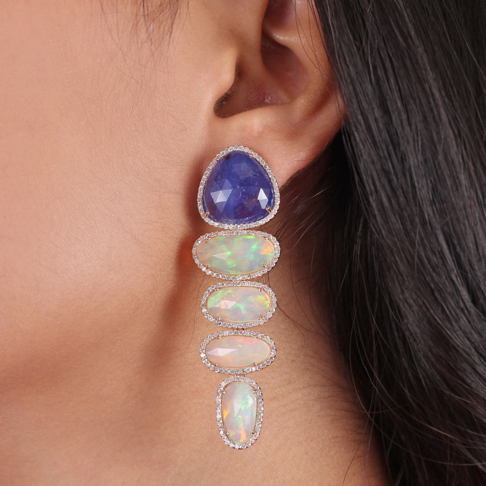 14k Solid Gold Opal & Tanzanite Dangle For Women Natural Pave Earrings supplier