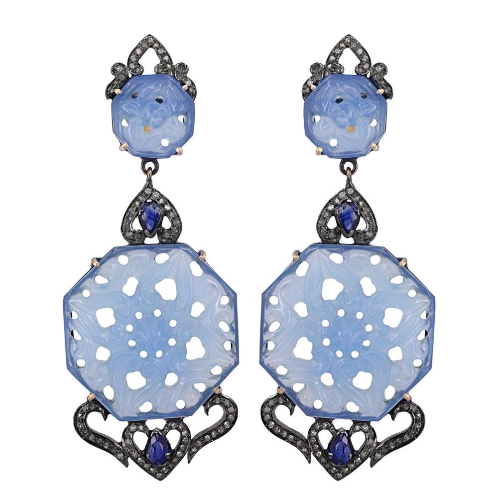 925 Sterling Silver Wholesale Carved Onyx & Blue Dangle Earrings Manufacturer