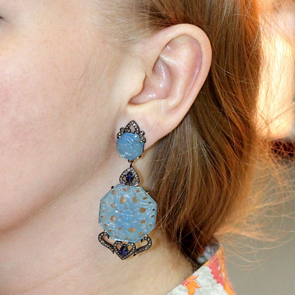 925 Sterling Silver Wholesale Carved Onyx & Blue Dangle Earrings Manufacturer