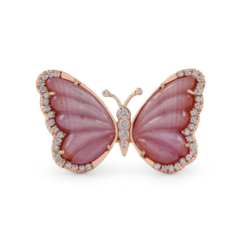 Natural Pave Diamond Pink Sapphire Butterfly Carving Ring 14k Necklace Exporter