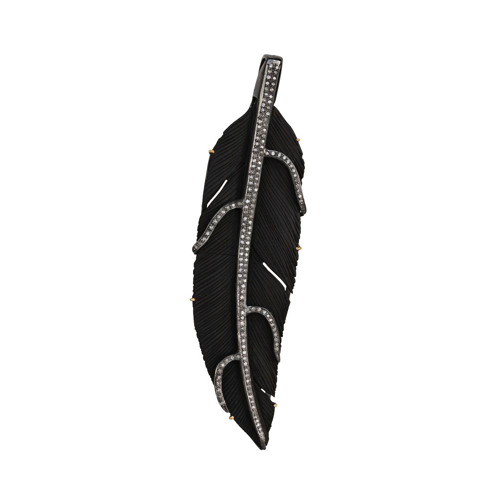 Natural Diamond Pave Feather Pendant Black Ivory Carving Necklace Exporter