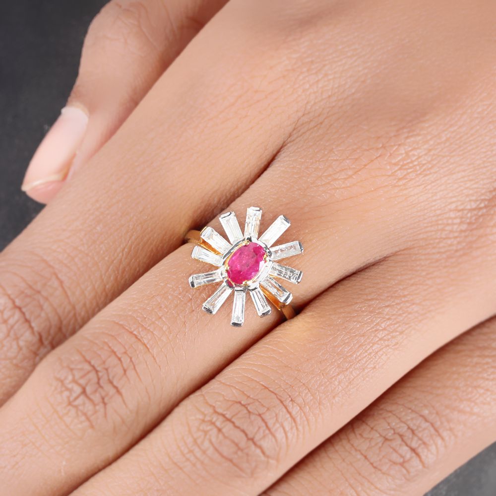 14k Solid Gold Ruby Top Design Jewelry Diamond Baguette Starburst  Diamond Rings