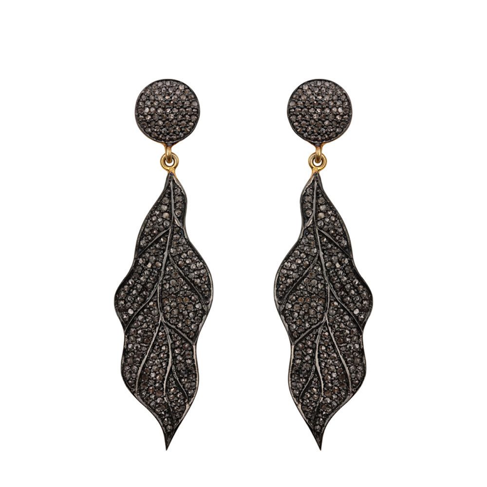 Genuine Pave Diamond 925 Sterling Silver Leaf Shaped Dangle Earrings Mekar
