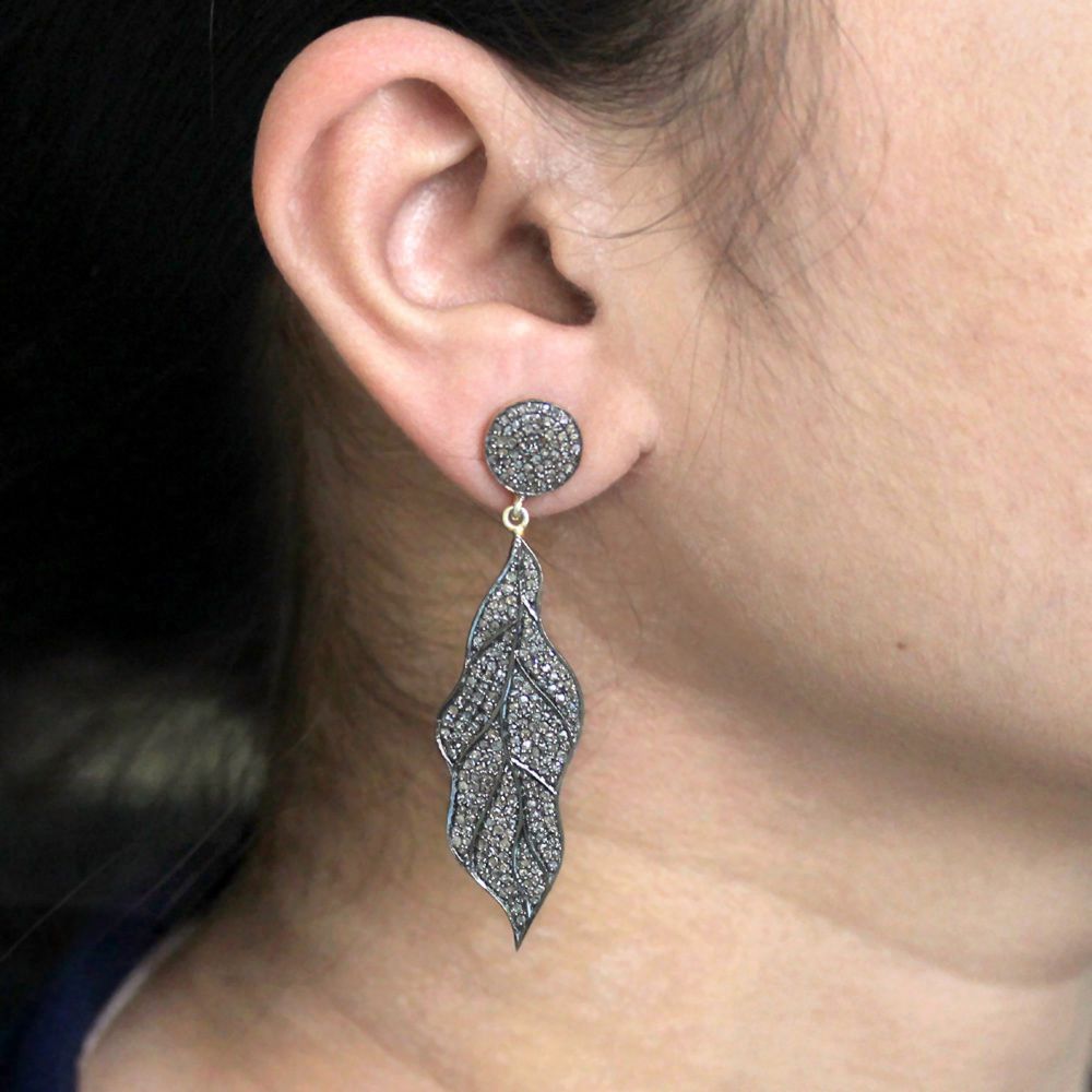 Genuine Pave Diamond 925 Sterling Silver Leaf Shaped Dangle Earrings Mekar