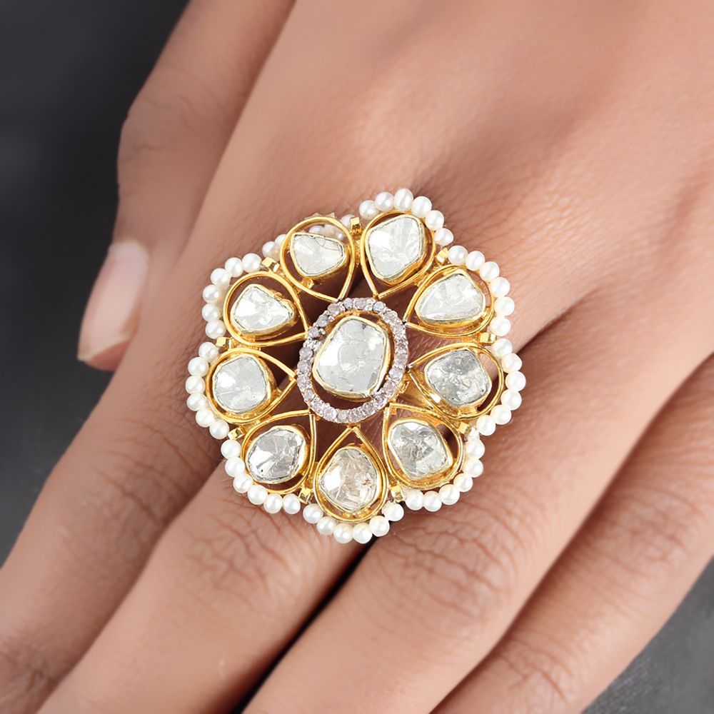 Natural Rose Cut Diamond Pearl Beads Floral Ring Pure 14k Yellow Gold Ring Mekar