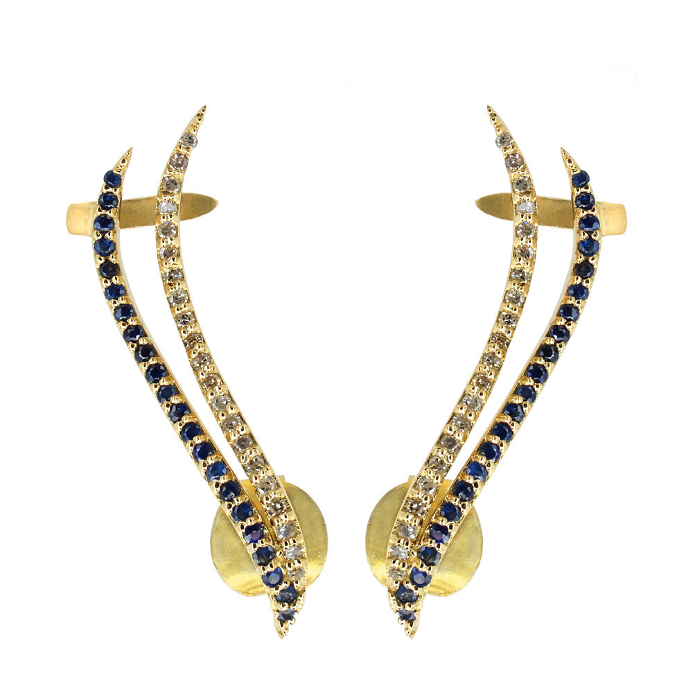 18k Yellow Gold Earrings Diamond Blue Sapphire Ear Cuffs Earrings Exporter