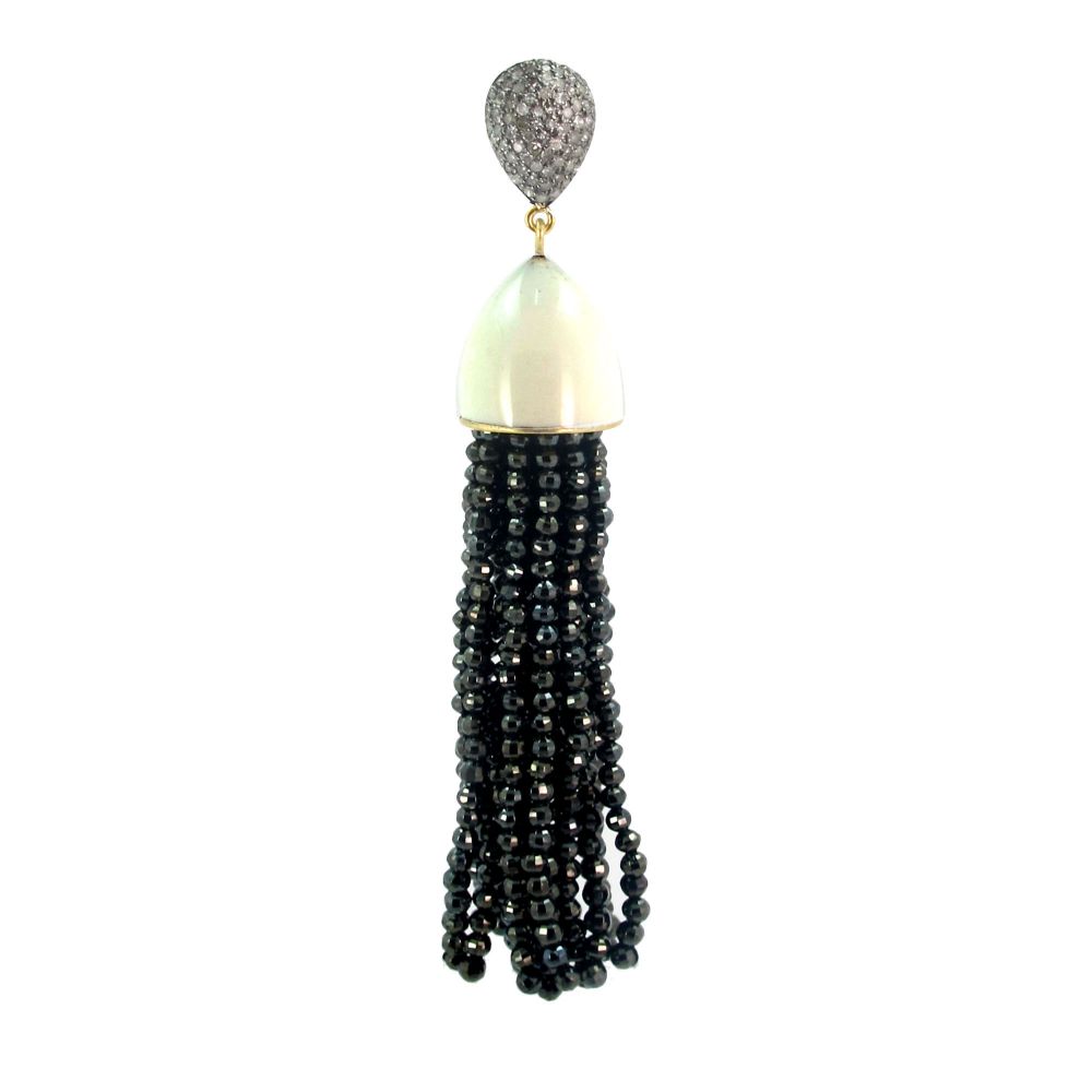 Pave Diamond 14k Gold Gemstone Black Spinel Beads Tassel Earrings Exporter