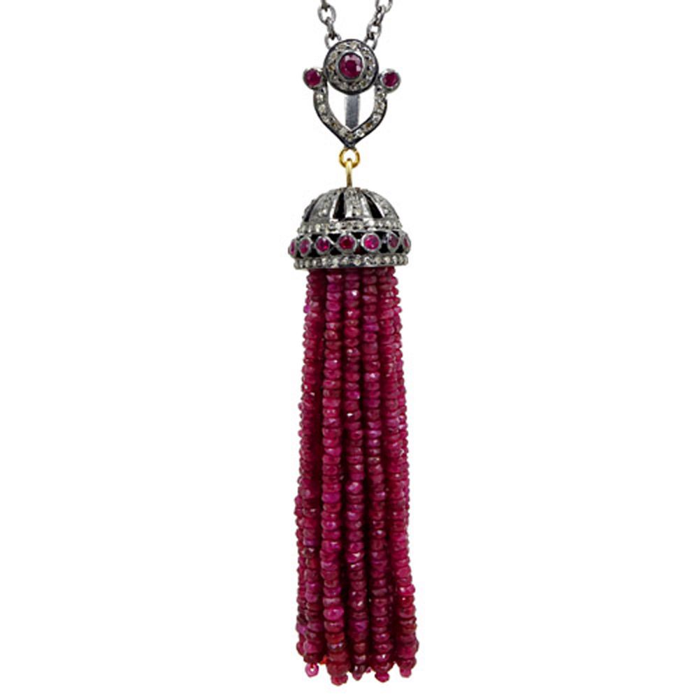 Ruby Gemstone Beaded Tassel Necklace 925 Silver Pave Diamond Pendant Exporter