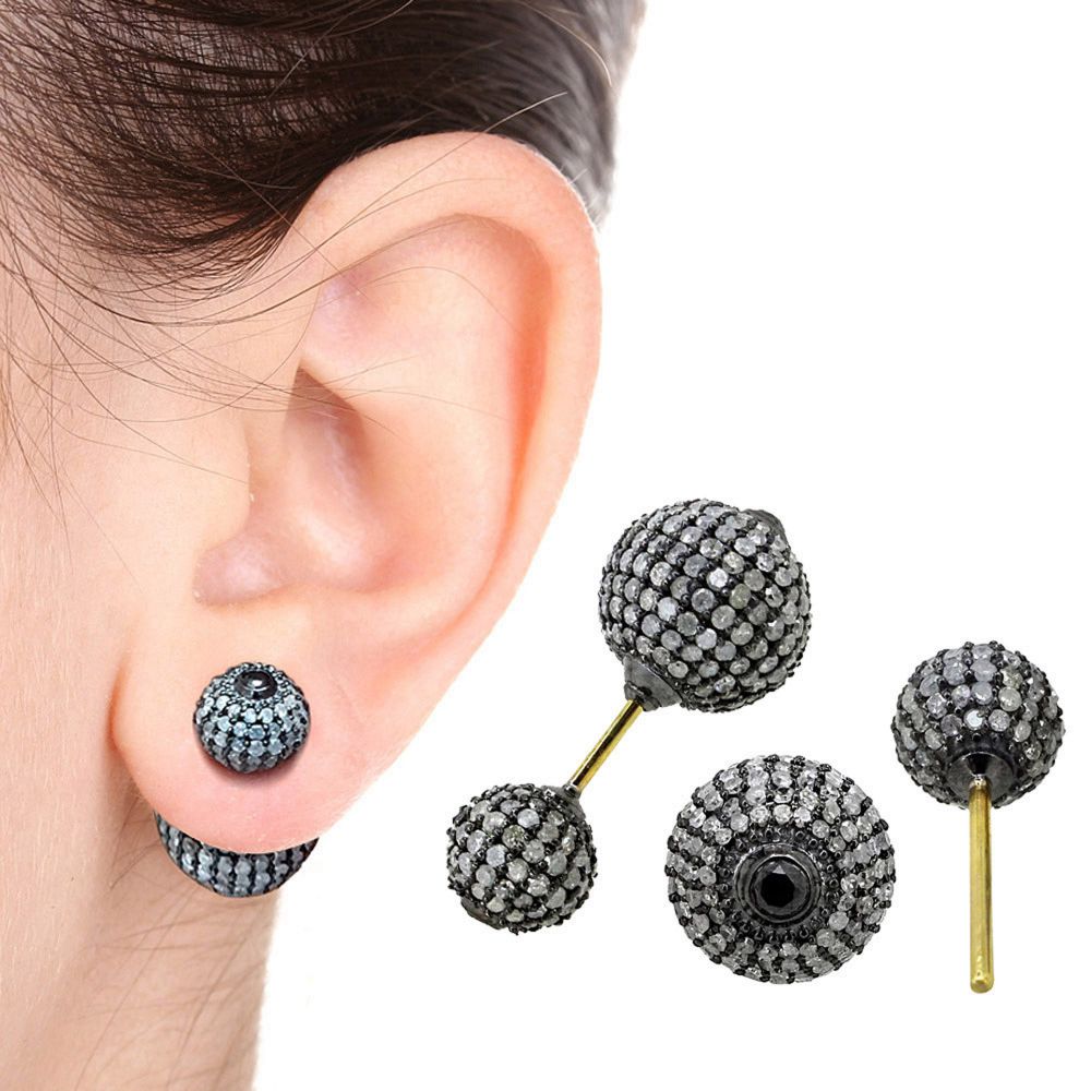 925 Silver 6x14 MM Natural Pave Diamond Stud Ball Stud Earrings Manufacturer