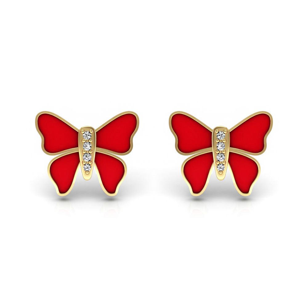 18k Solid Yellow Gold Kids Butterfly Shape Stud Earrings Red Enamel Supplier