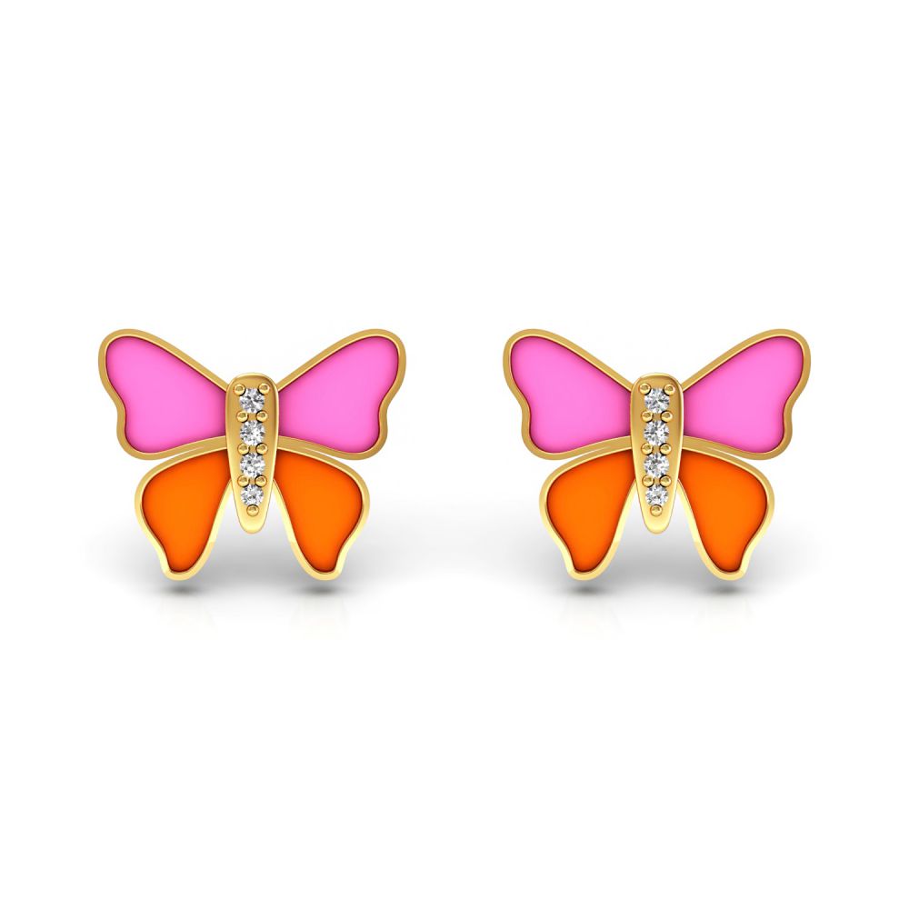 18k Solid Gold Kids Pink Enamel Butterfly Stud Earrings Diamond Enamel Supplier