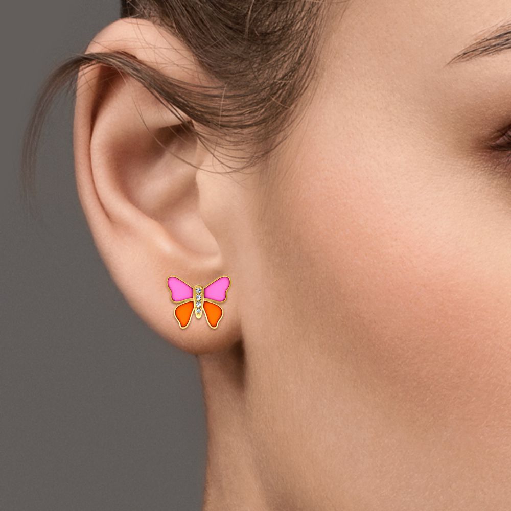 18k Solid Gold Kids Pink Enamel Butterfly Stud Earrings Diamond Enamel Supplier