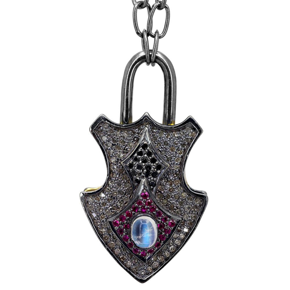 Wholesale Solid 925 Silver Pave Diamond Ruby Rainbow Moonstone Pendant Jewelry