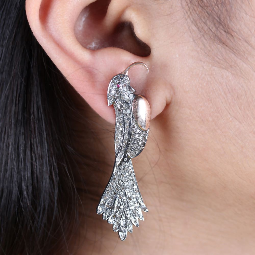 925 Sterling Silver Ruby Eyes Pave Diamond Parrot Bird Earrings Jewelry Makar