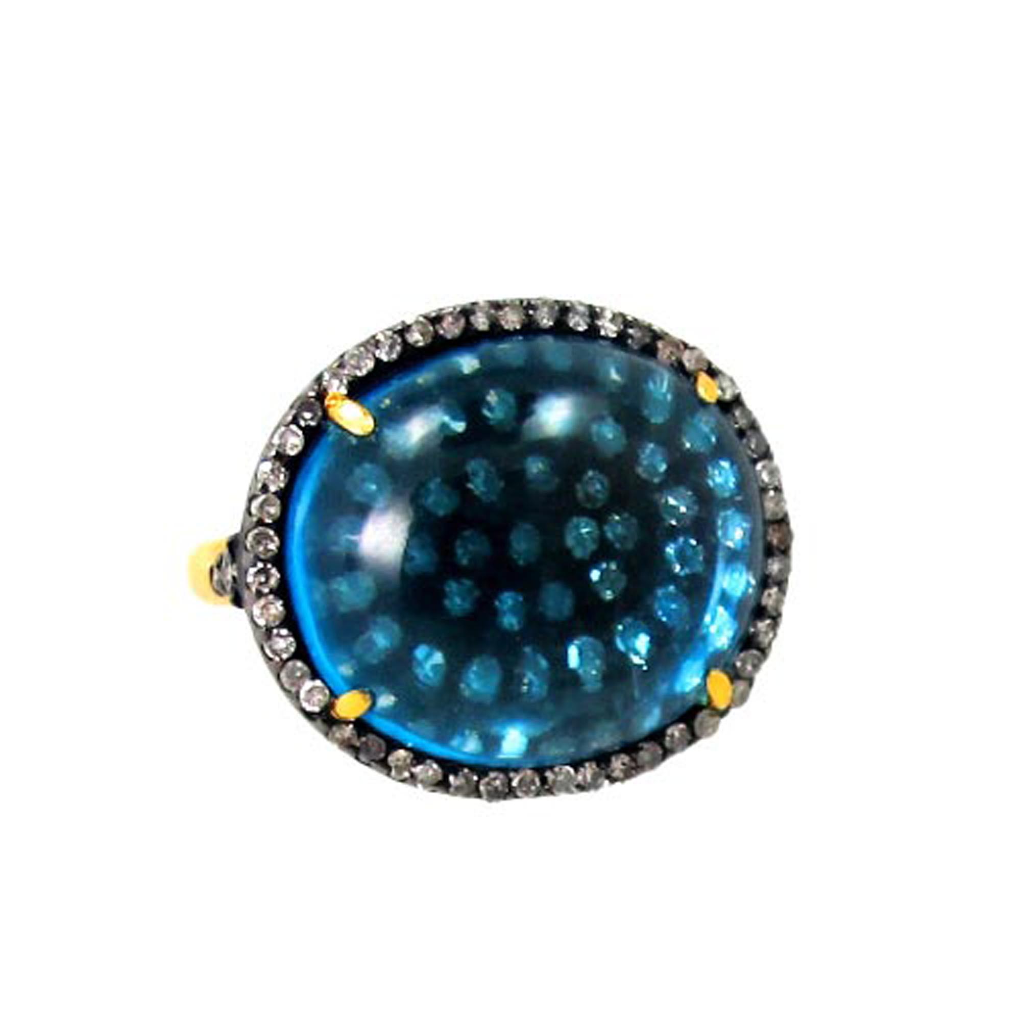 14k Gold & 925 Silver Genuine Blue Topaz Gemstone Pave Diamond Rings Supplier