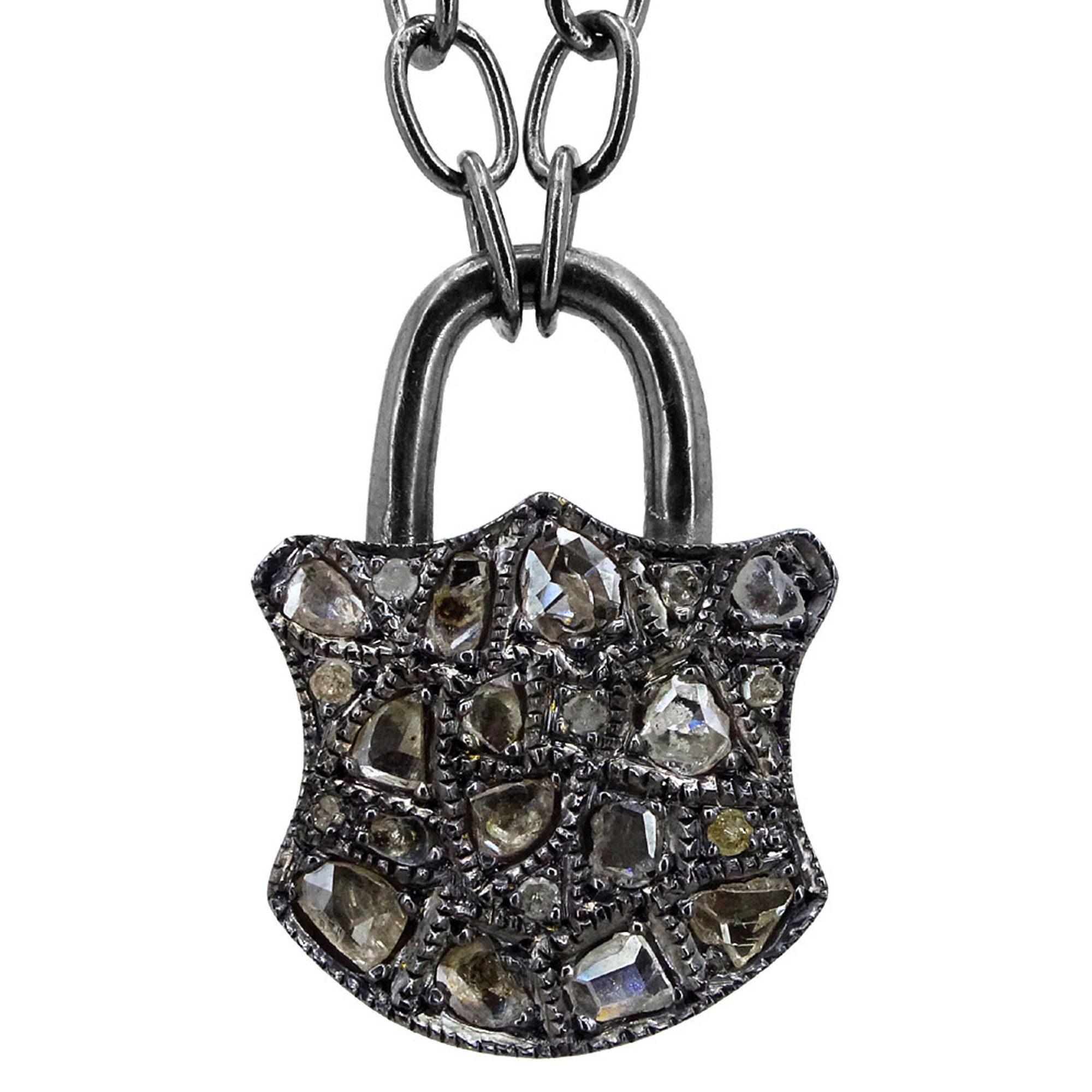 925 Sterling Silver Padlock Pendant Necklace Natural Slice Diamond Supplier