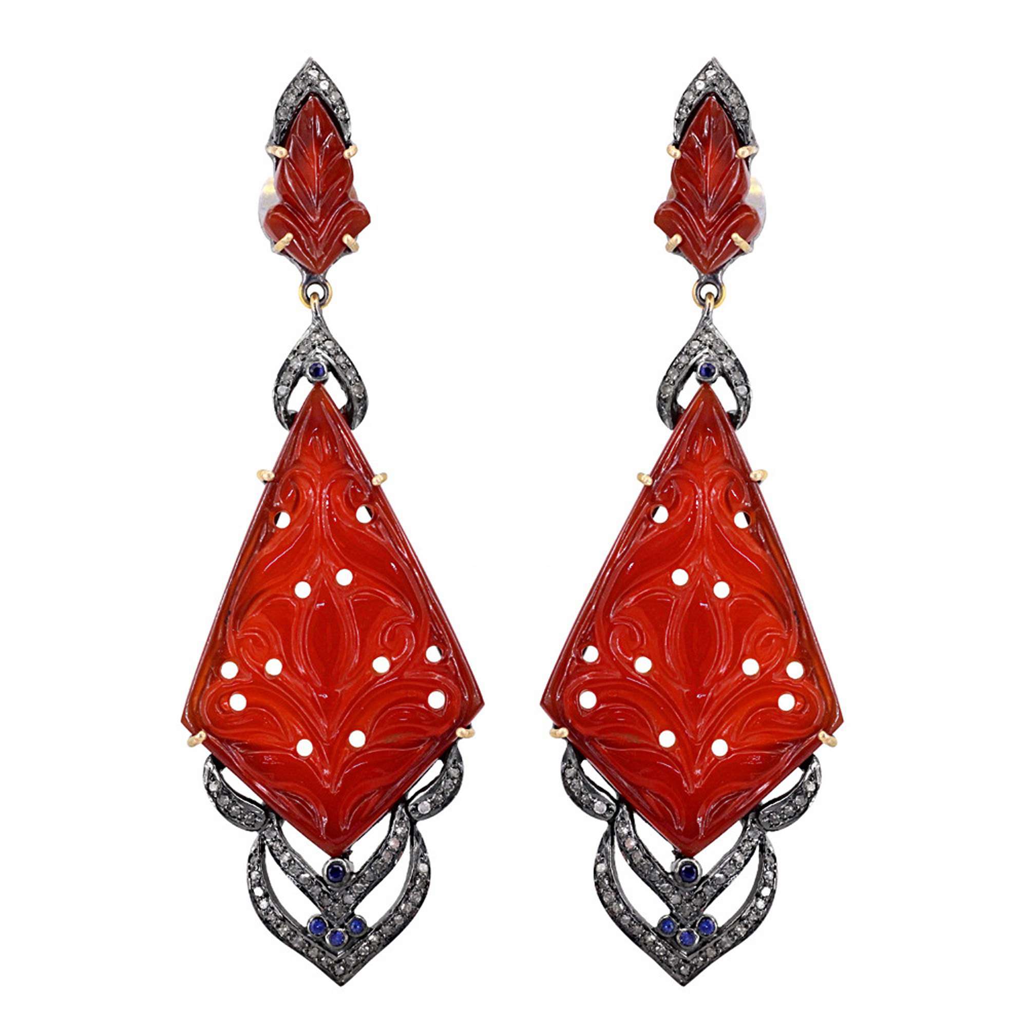 925 Sterling Silver Pave Diamond Blue Sapphire , Onyx Carving Dangle supplier