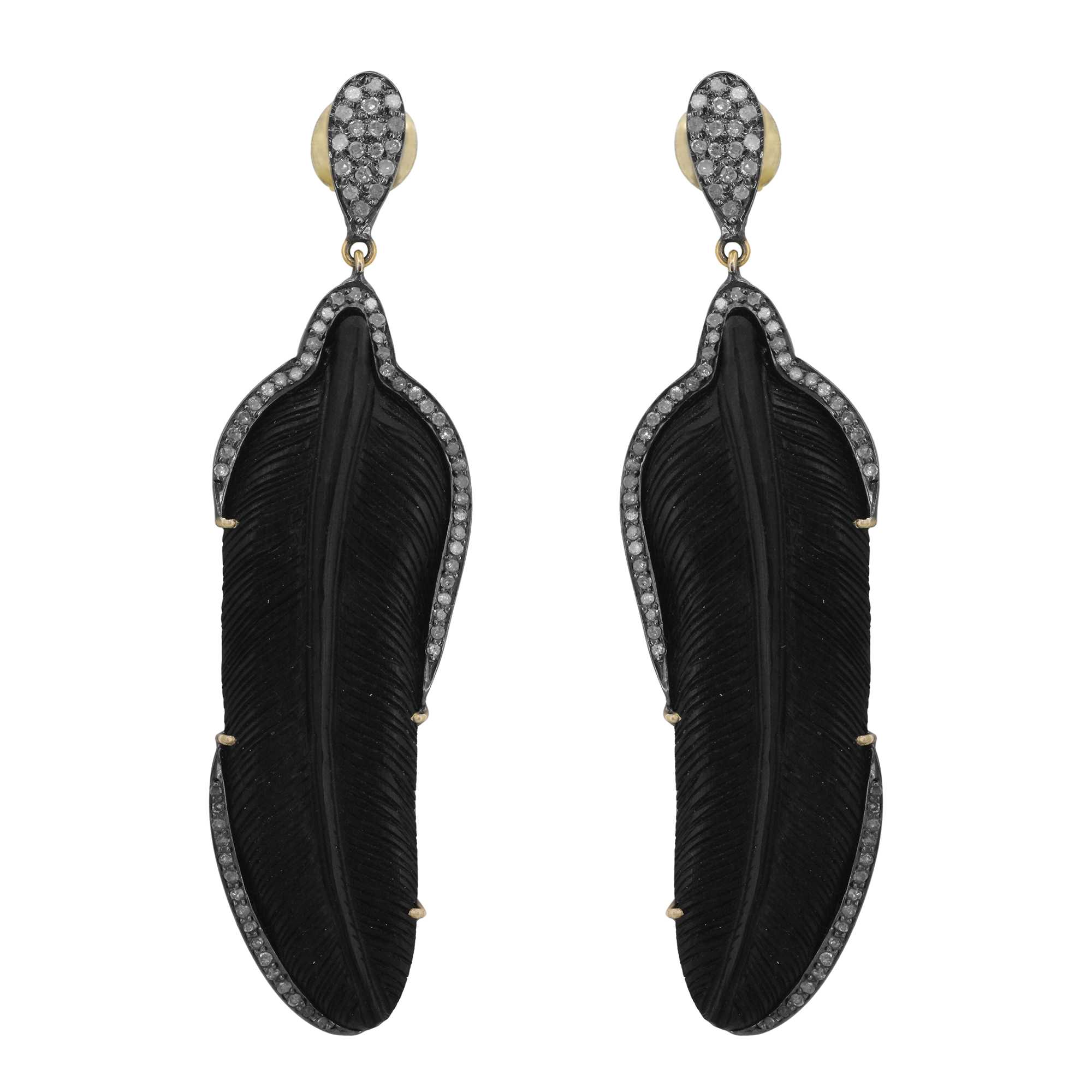 925 Sterling Silver Pave Diamond Black Bone Carved Feather Earrings exporter