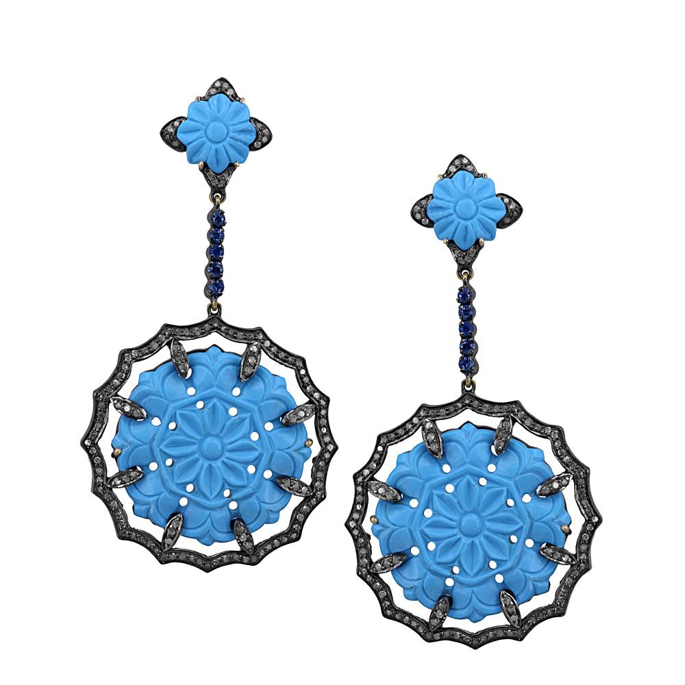 Diamond Turquoise Earrings Carved Gemstone Solid Gold Silver Jewelry Supplier