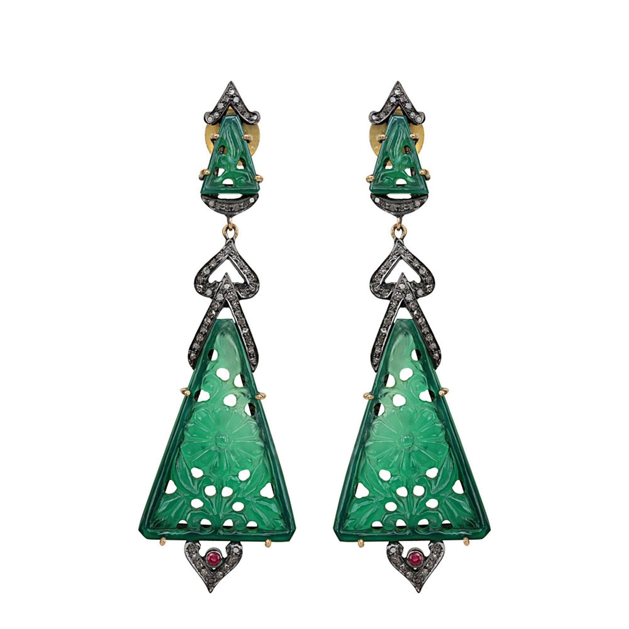 Carved Jewelry Pave Diamond Gemstone Onyx Carving Earrings