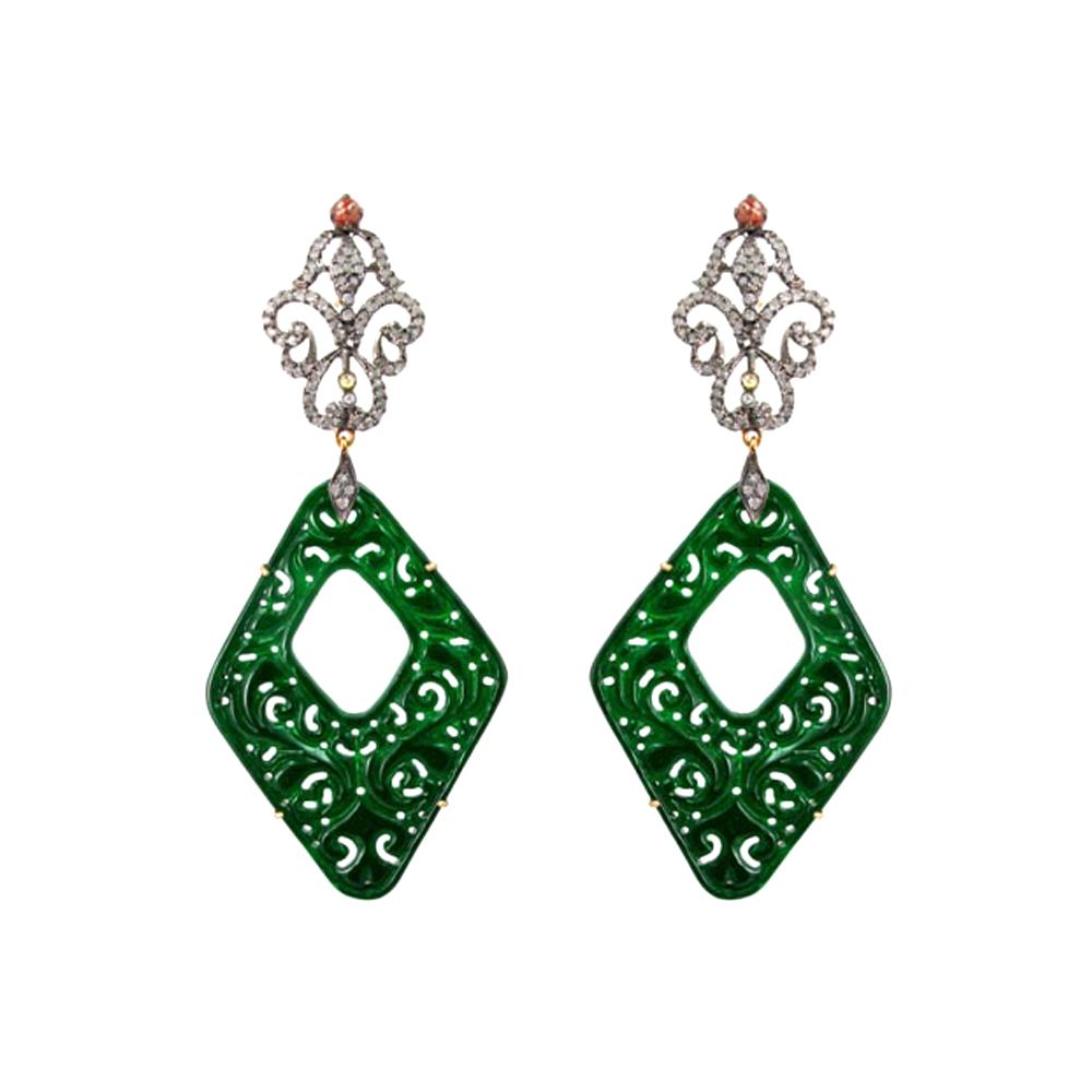 Jade and Diamond Earrings Carved Green Jade Earrings  supplier