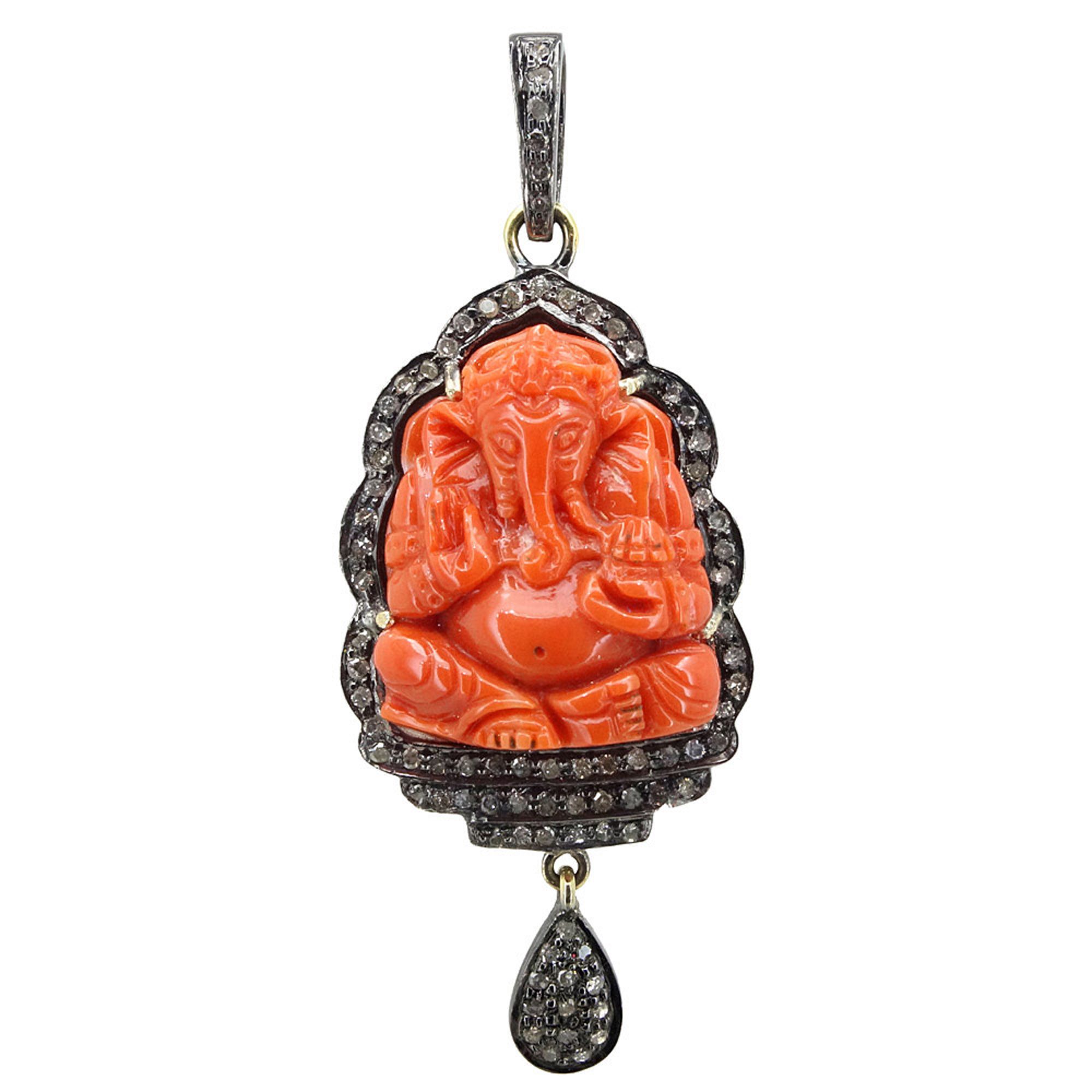 Wholesale 925 Silver Coral Carved Gemstone Gold Pendant Pave Diamond Religious
