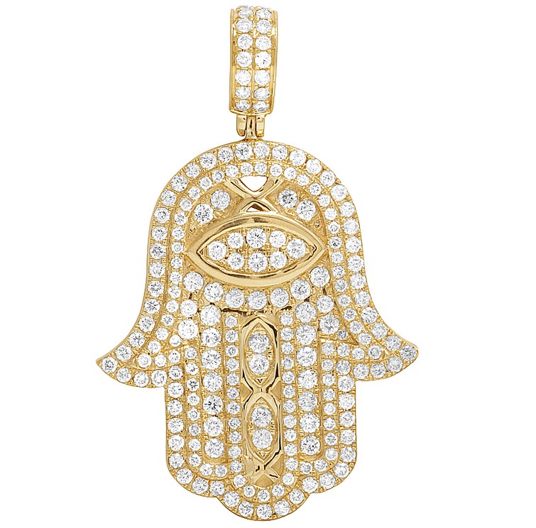 Hamsa Hand Iced Diamond Pendant  14k Yellow Gold,custom hip hop exporter