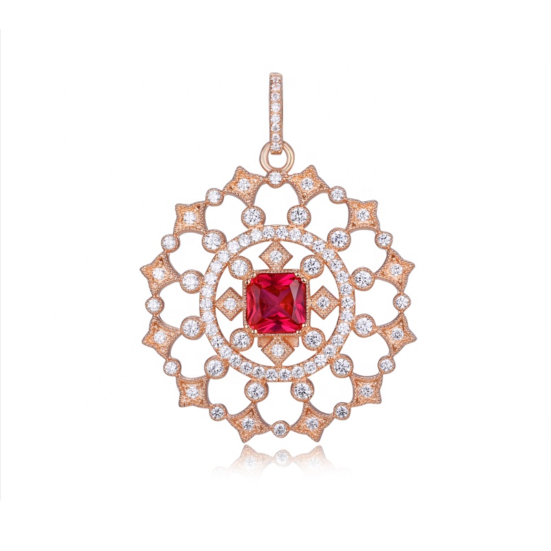 Rose Gold Mesh Pendant with Big Red CZ Jewelry for Girls Exporter