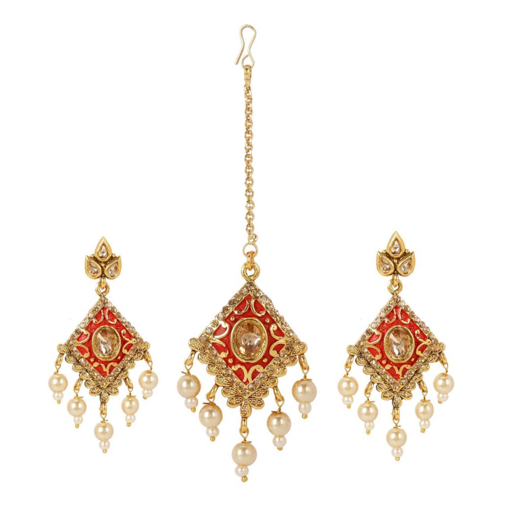 Rectangle Desinged Red Meenakari and LCD Diamond Earring with Mangtika Supplier