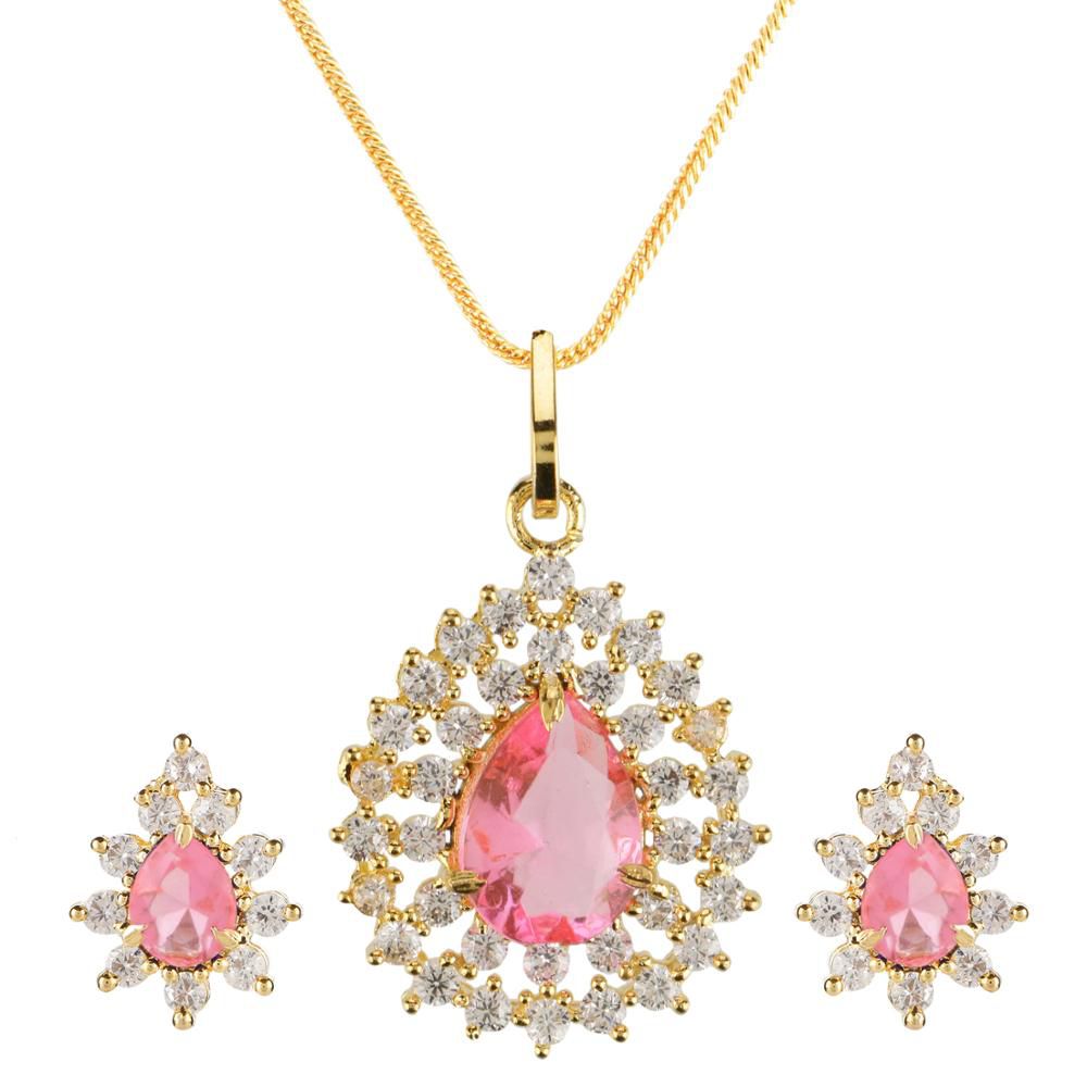 Bridal 14 K Gold Plated Pink Crystal Cubic Zirconia Tear Drop Pendant Vender