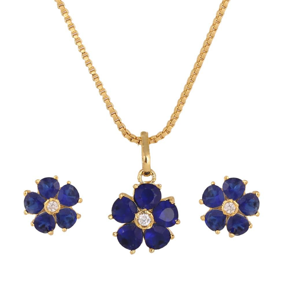 Bridal Gold Tone Blue Crystal CZ Flower Pendant Chain Necklace Earrings Exporter
