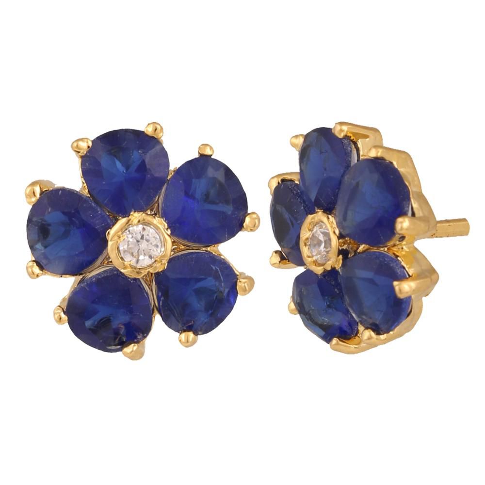 Bridal Gold Tone Blue Crystal CZ Flower Pendant Chain Necklace Earrings Exporter