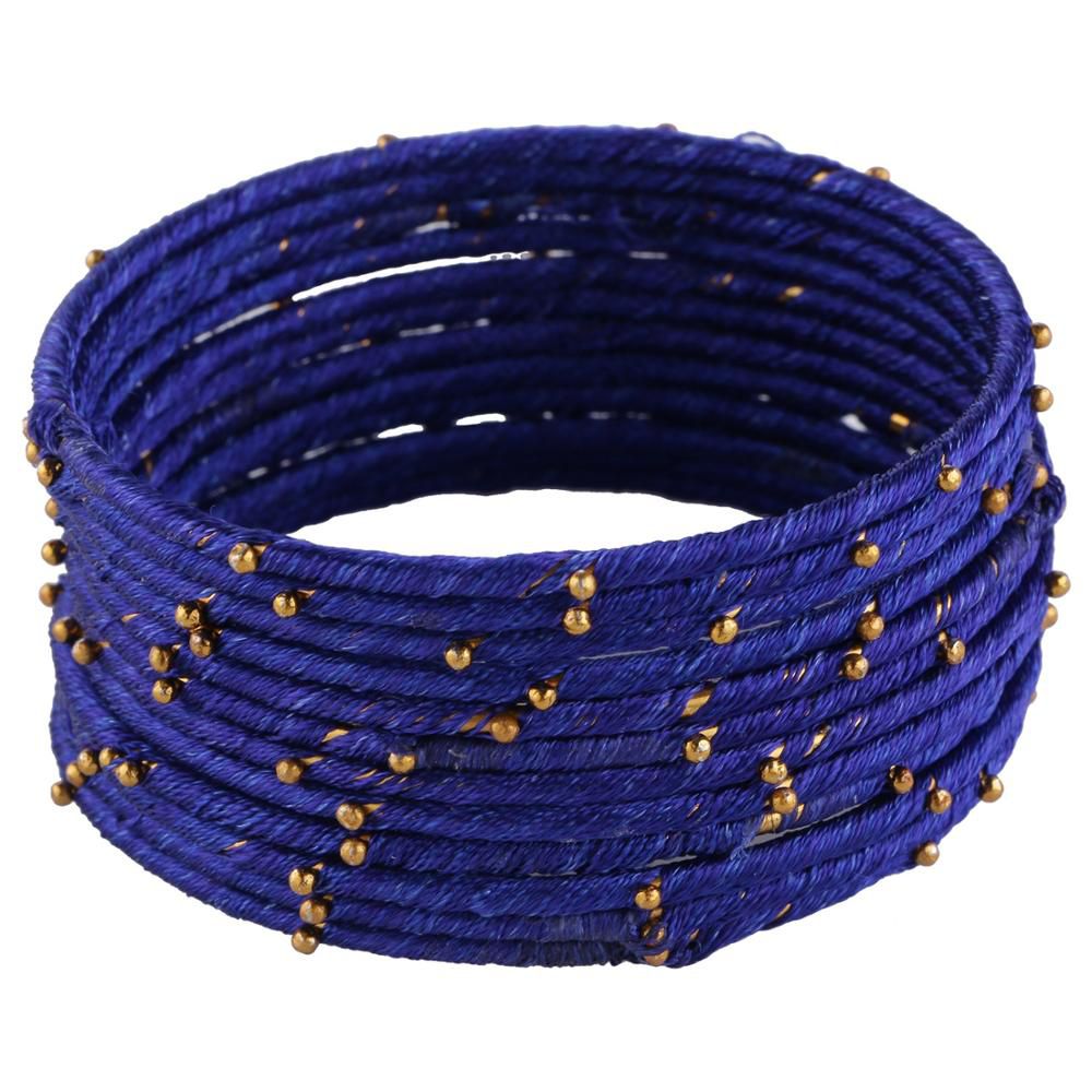 Fashionable Gold Plated Beaded Blue Silk Thread Wedding Bracelet Bangle Mekar