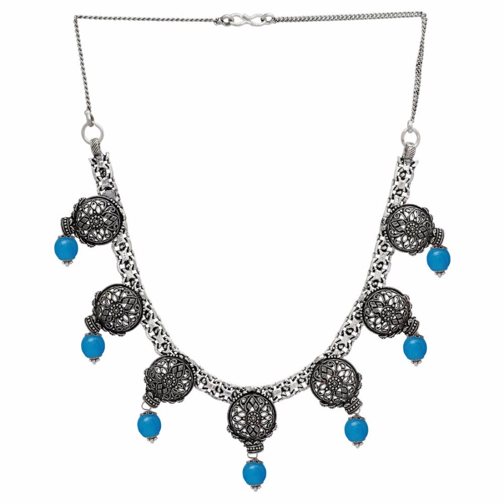 Aqua Color Imitation Pearl Oxidised Traditional Necklace Exporter