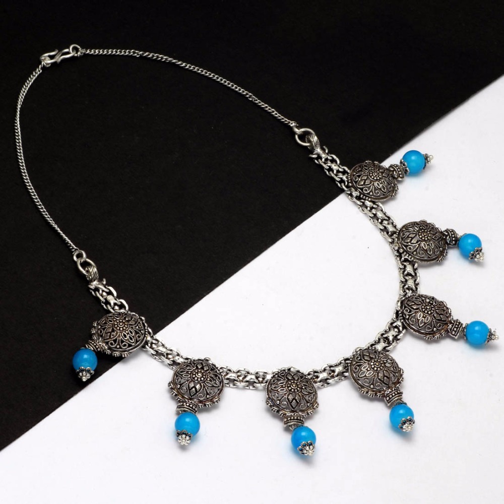 Aqua Color Imitation Pearl Oxidised Traditional Necklace Exporter