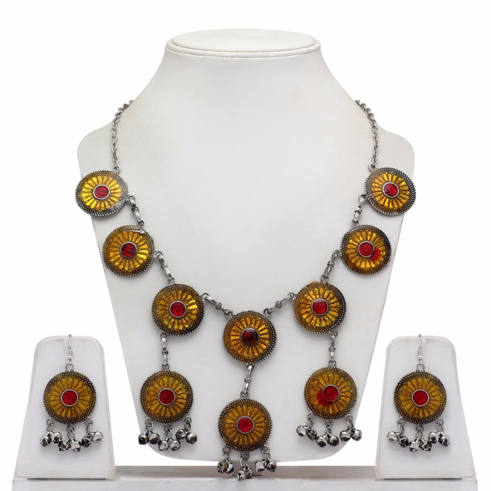 Yellow & Red Color Necklace With Earrings For Women Exporter