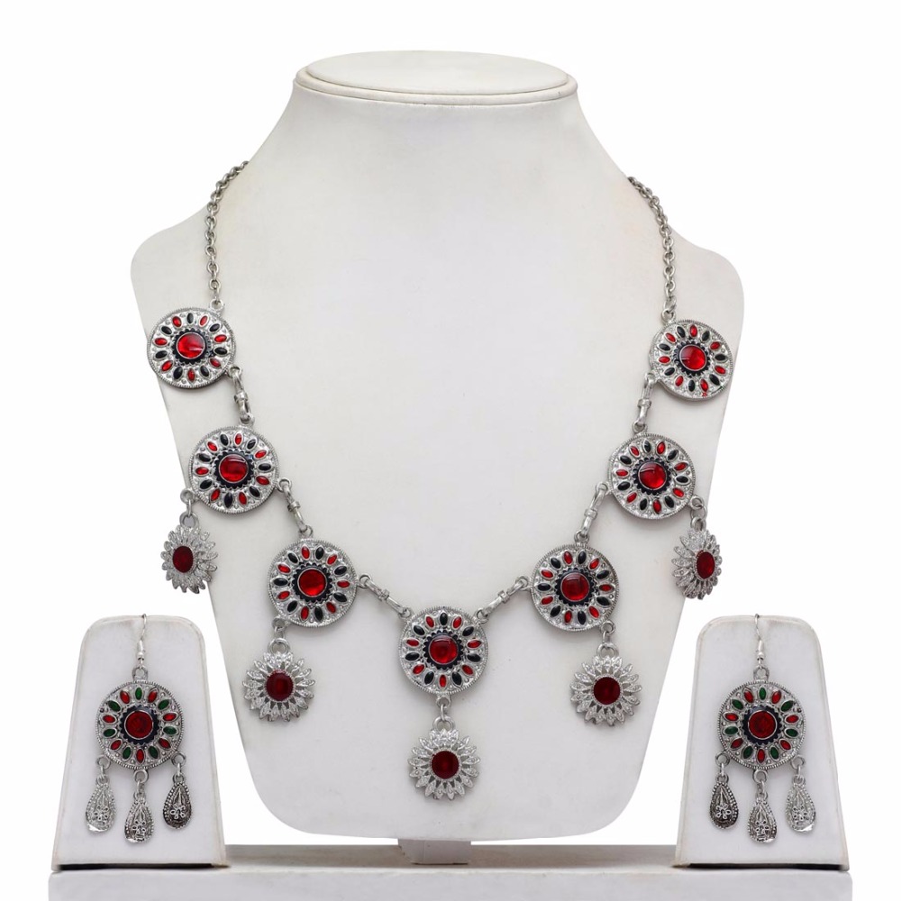 Maroon & Black Color Glass Stone Necklace With Earrings Manufacturer