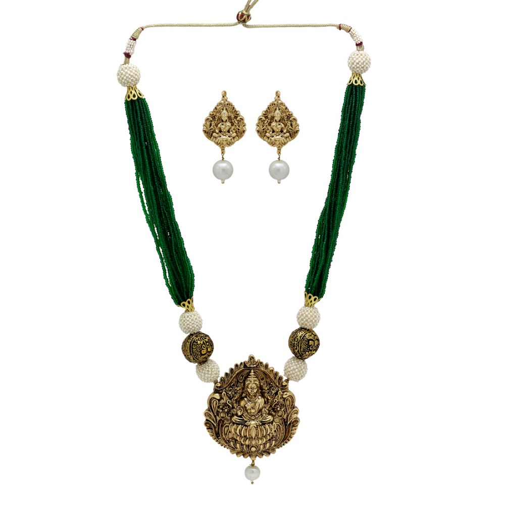 Green Color Imitation Pearl & Beads Temple Necklace With Earrings Exporter