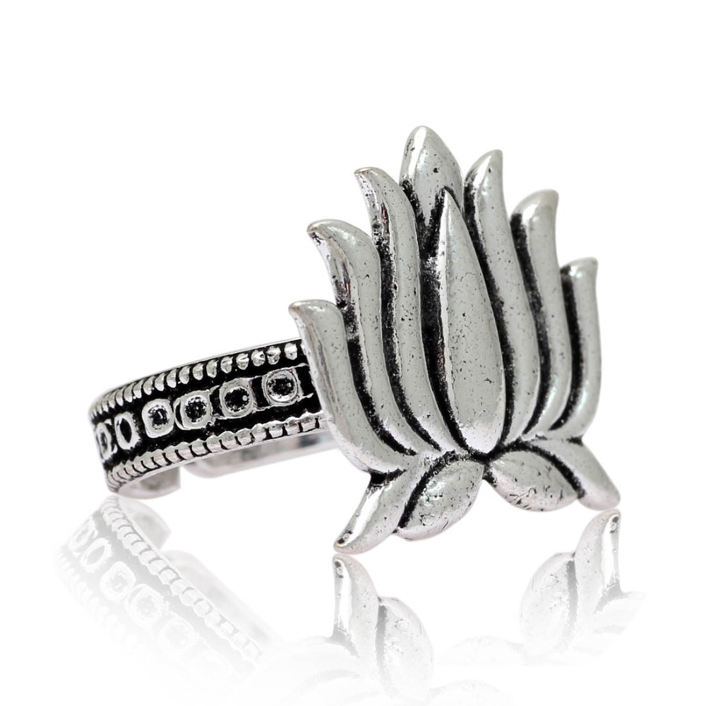 Silver Color Oxidised Lotus Design Traditional Ring  Exporter