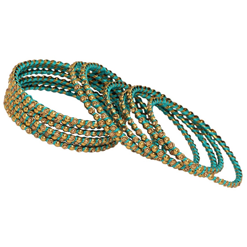 Thread Work With Gold Plating Turquoise Color Glass Stone Bangle Exporter