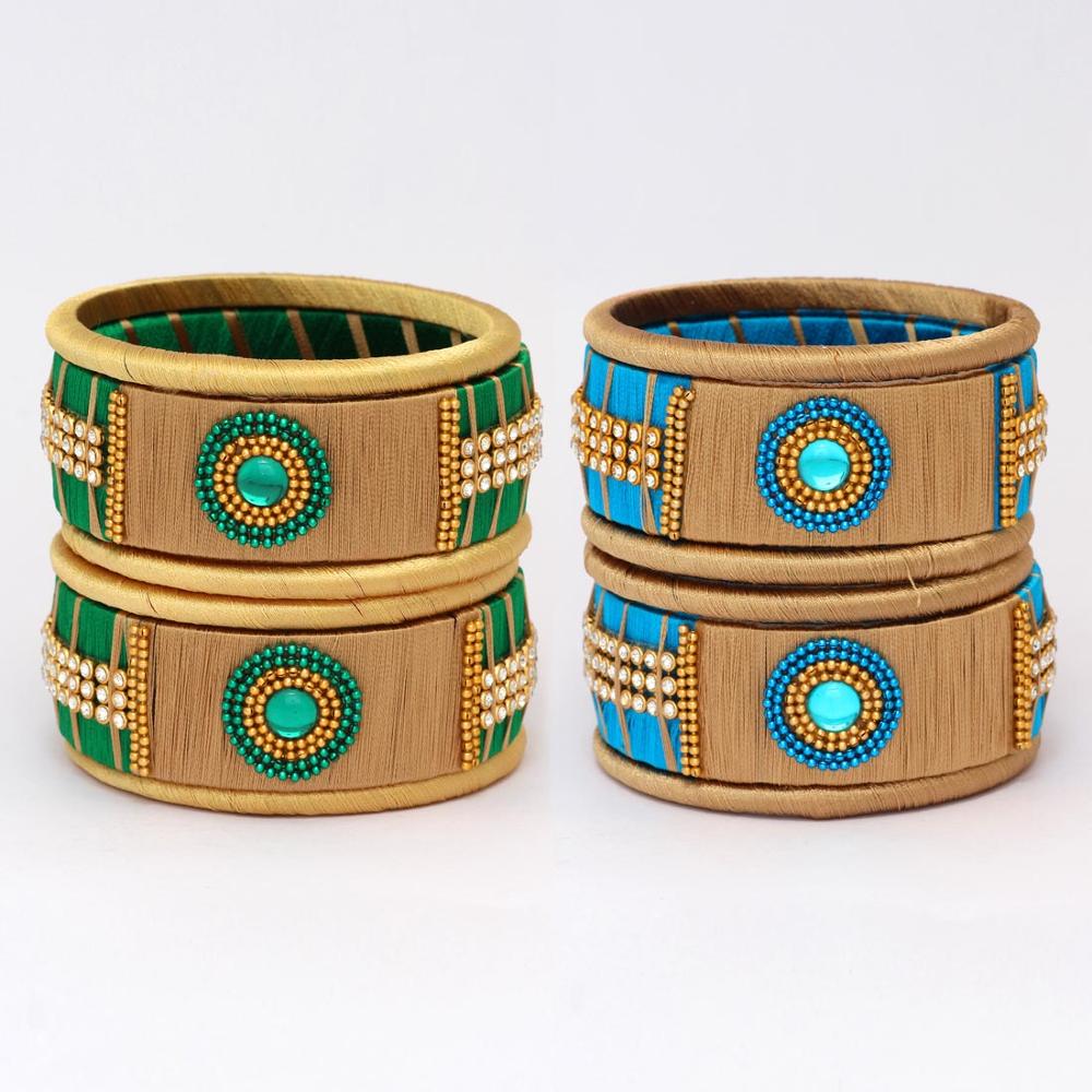 Green & Sky Blue Color Rhinestone Combo Of Thread Bangle Set Exporter