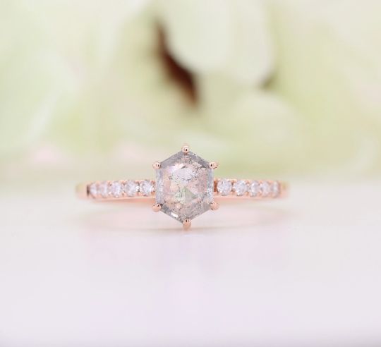 Hexagon Shape Salt And Pepper Diamond Prongs 14K Rose Gold Ring