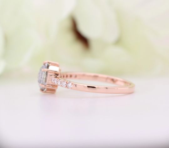 Hexagon Shape Salt And Pepper Diamond Prongs 14K Rose Gold Ring