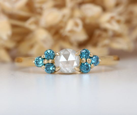 Blue SI Clarity Diamond Round Rose Cut 14K Yellow Gold Engagement Ring Exporter