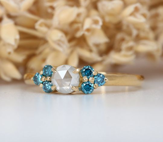 Blue SI Clarity Diamond Round Rose Cut 14K Yellow Gold Engagement Ring Exporter