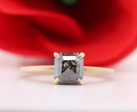 Emerald Cut Salt And Pepper 14K Yellow Gold Matte Finish  Ring Supplier
